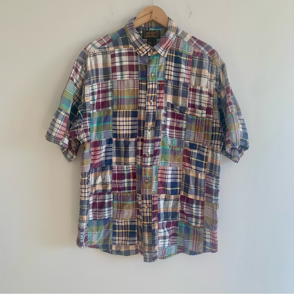 Vintage 90s Madras Patchwork Cotton Plaid Beach Shirt Button Front Eddie Bauer